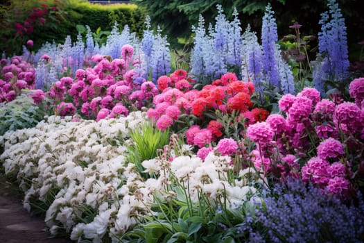 Elegantly cared for flower bed, white, pink and blue petals of flowers, sunshine falling in. Flowering flowers, a symbol of spring, new life. A joyful time of nature awakening to life.