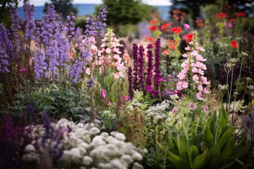 Elegantly cared for flower bed, white, pink and blue petals of flowers, sunshine falling in. Flowering flowers, a symbol of spring, new life. A joyful time of nature awakening to life.