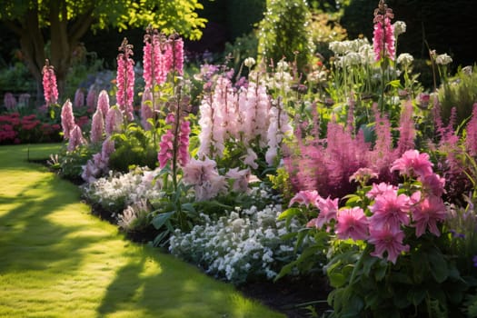 Elegantly cared for flower bed, white, pink and blue petals of flowers, sunshine falling in. Flowering flowers, a symbol of spring, new life. A joyful time of nature awakening to life.