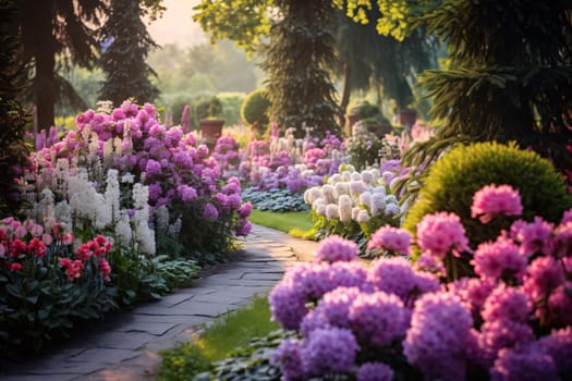 Garden full of white, pink, blue flowers, pine trees falling rays of light in the middle of the path. Flowering flowers, a symbol of spring, new life. A joyful time of nature awakening to life.