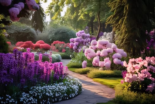 Garden full of white, pink, blue flowers, pine trees falling rays of light in the middle of the path. Flowering flowers, a symbol of spring, new life. A joyful time of nature awakening to life.