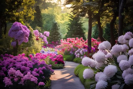 Garden full of white, pink, blue flowers, pine trees falling rays of light in the middle of the path. Flowering flowers, a symbol of spring, new life. A joyful time of nature awakening to life.