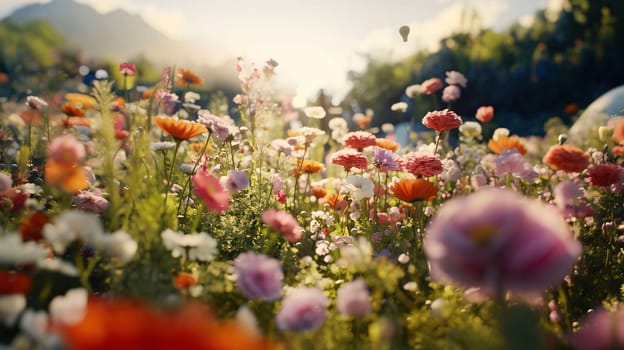 Colorful field flowers, rays of light, day. Flowering flowers, a symbol of spring, new life. A joyful time of nature awakening to life.