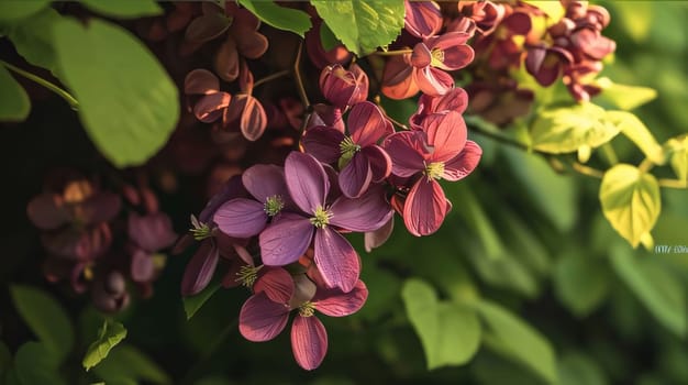 Flowers, petals Akebia five-leaf green. Leaves on twigs. Flowering flowers, a symbol of spring, new life. A joyful time of nature awakening to life.