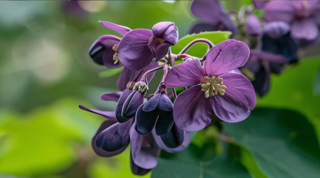 Flowers, petals Akebia five-leaf green. Leaves on twigs. Flowering flowers, a symbol of spring, new life. A joyful time of nature awakening to life.