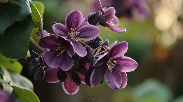 Flowers, petals Akebia five-leaf green. Leaves on twigs. Flowering flowers, a symbol of spring, new life. A joyful time of nature awakening to life.