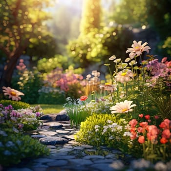 Illustration of a green garden with white flowers, falling sunshine and a path with a stream. Flowering flowers, a symbol of spring, new life. A joyful time of nature awakening to life.
