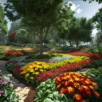 Illustration of a flowery garden, park colorful flowers, green trees, path in the middle. Flowering flowers, a symbol of spring, new life. A joyful time of nature awakening to life.