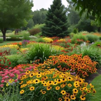 Illustration of flowery garden, park colorful flowers, green trees. Flowering flowers, a symbol of spring, new life. A joyful time of nature awakening to life.