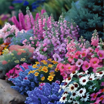 Illustration of a flowery garden, park colorful flowers, flower beds. Home flower garden. Flowering flowers, a symbol of spring, new life. A joyful time of nature awakening to life.