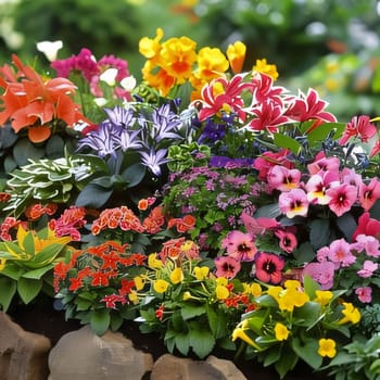 Illustration of a flowery garden, park colorful flowers, flower beds. Home flower garden. Flowering flowers, a symbol of spring, new life. A joyful time of nature awakening to life.