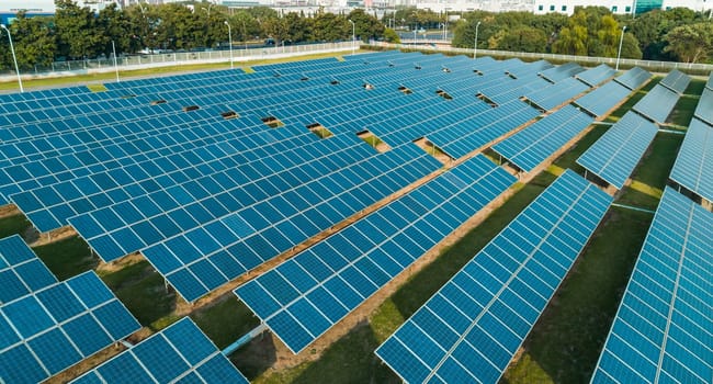 Aerial view of solar energy panels on sunny day, solar panels, Solar power plants.