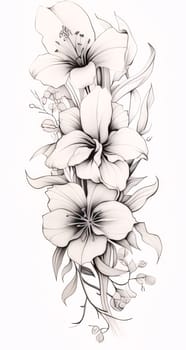 Black and white coloring sheet, vertical flowers with leaves. Flowering flowers, a symbol of spring, new life. A joyful time of nature awakening to life.