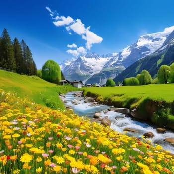 In a green clearing flowing stream in the background mountains with snow around yellow pink flowers. Flowering flowers, a symbol of spring, new life. A joyful time of nature awakening to life.