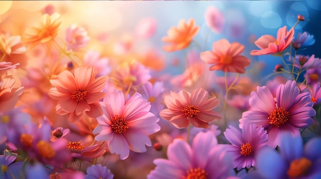 Pink and red flowers, petals on a light background, banner with space for your own content. Flowering flowers, a symbol of spring, new life. A joyful time of nature waking up to life.