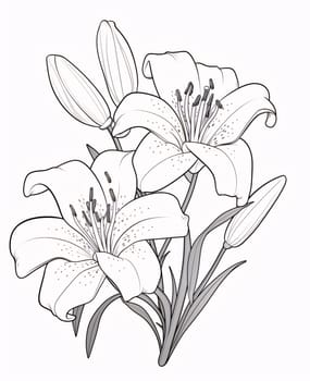Black and white coloring sheet, vertical flowers with leaves. Flowering flowers, a symbol of spring, new life. A joyful time of nature awakening to life.