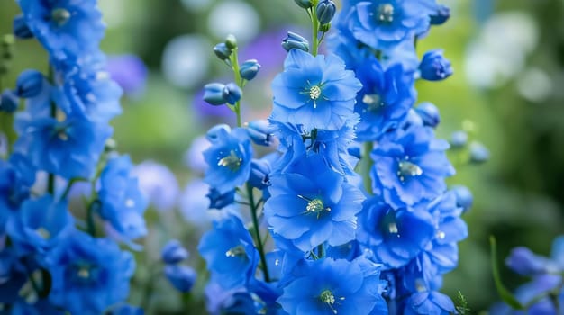 Blue hollyhocks with green stems. Flowering flowers, a symbol of spring, new life. A joyful time of nature waking up to life.