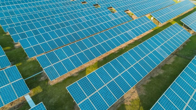 Aerial view of solar energy panels on sunny day, solar panels, Solar power plants.