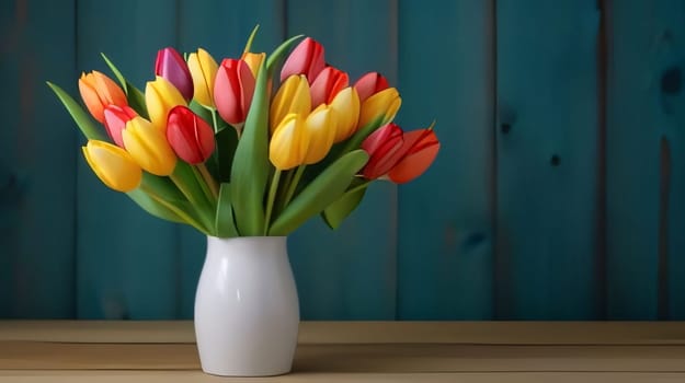 Banner, wooden boards and colorful tulips in a vase, a place for your own content. Flowering flowers, a symbol of spring, new life. A joyful time of nature waking up to life.