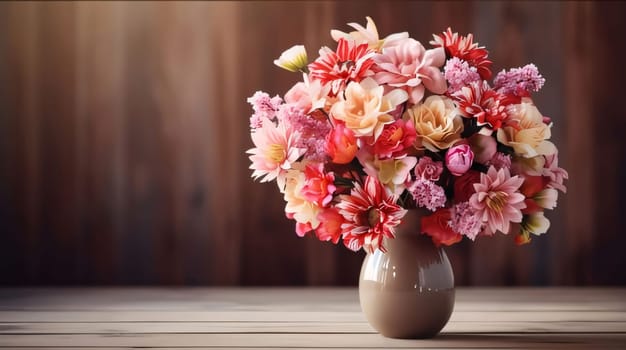 Banner, wooden boards and a bouquet of colorful flowers in a vase, space for your own content. Flowering flowers, a symbol of spring, new life. A joyful time of nature waking up to life.