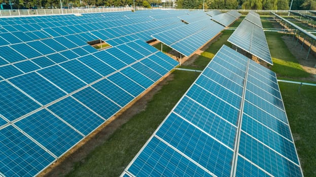 Aerial view of solar energy panels on sunny day, solar panels, Solar power plants.