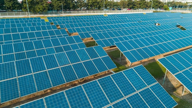 Aerial view of solar energy panels on sunny day, solar panels, Solar power plants.