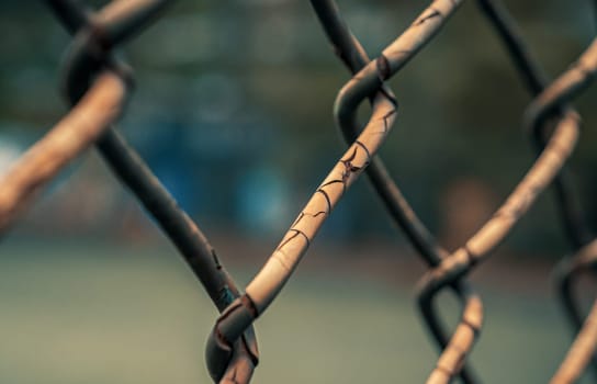 Close-up shot of rusted fence. Shallow focus.