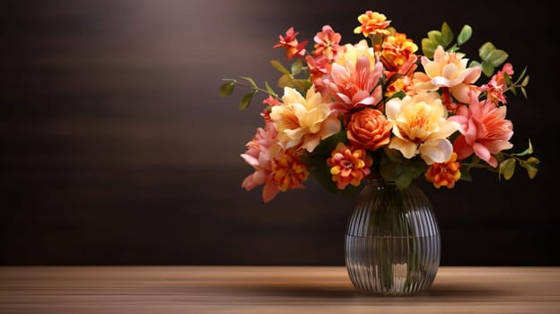 Banner, wooden boards and a bouquet of colorful flowers in a vase, space for your own content. Flowering flowers, a symbol of spring, new life. A joyful time of nature waking up to life.