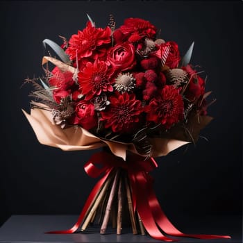 Red bouquet of flowers decorated with a red bow on a dark background. Flowering flowers, a symbol of spring, new life. A joyful time of nature waking up to life.