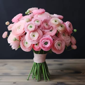 Pink bouquet of flowers decorated with a bow on a dark background. Flowering flowers, a symbol of spring, new life. A joyful time of nature waking up to life.