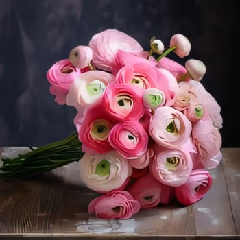 Pink bouquet of flowers decorated with a bow on a dark background. Flowering flowers, a symbol of spring, new life. A joyful time of nature waking up to life.