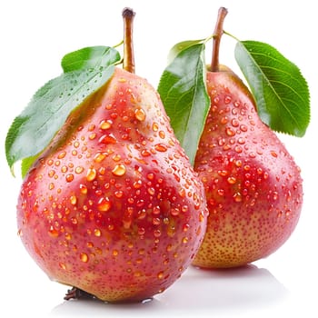 Two ripe red pears with vibrant green leaves and glistening water drops, a delightful sight of fresh natural food from the pear tree
