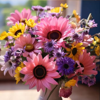 A bouquet of colorful flowers up close. Pink flowers. Flowering flowers, a symbol of spring, new life. A joyful time of nature waking up to life.