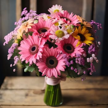 A bouquet of colorful flowers up close. Pink flowers. Flowering flowers, a symbol of spring, new life. A joyful time of nature waking up to life.