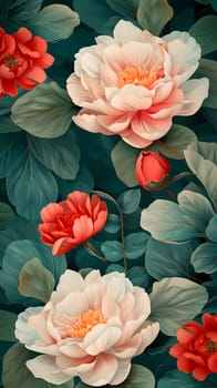 A beautiful photograph of hybrid tea roses with red and white petals, green leaves on a dark background, capturing the essence of nature and botany in art