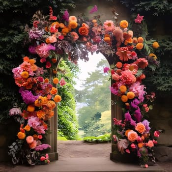 Colorful roses decorating the gate to the garden. Flowering flowers, a symbol of spring, new life. A joyful time of nature waking up to life.
