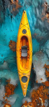 An electric blue kayak glides across the serene water, surrounded by marine life and colorful fish below. The vibrant paint of the boat creates a picturesque scene of underwater beauty