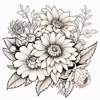 Black and white coloring sheet bouquet of flowers. Flowering flowers, a symbol of spring, new life. A joyful time of nature awakening to life.