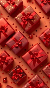 An assortment of vibrant red Christmas presents adorned with pink bows, set against a rich brown background. A mix of triangles and rectangles in varying patterns create a visually striking display