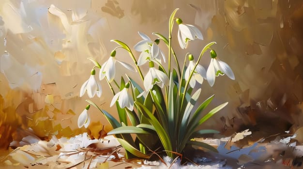 White snowdrop flowers with green leaves growing out of the snow. Illustration. Sunshine. Flowering flowers, a symbol of spring, new life. A joyful time of nature awakening to life.