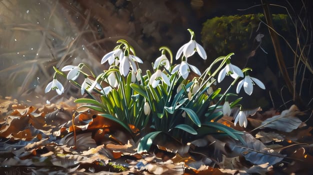 White snowdrop flowers with green leaves growing out of the snow. Illustration. Sunshine. Flowering flowers, a symbol of spring, new life. A joyful time of nature awakening to life.