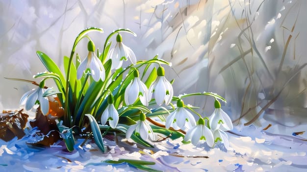 White snowdrop flowers with green leaves growing out of the snow. Illustration. Sunshine. Banner with space for your own content. Flowering flowers, a symbol of spring, new life. A joyful time of nature awakening to life.