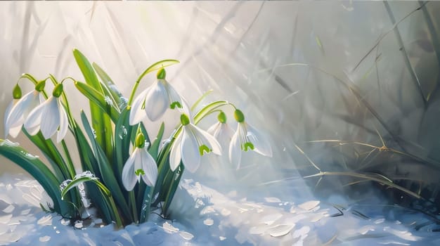 White snowdrop flowers with green leaves growing out of the snow. Illustration. Sunshine. Banner with space for your own content. Flowering flowers, a symbol of spring, new life. A joyful time of nature awakening to life.