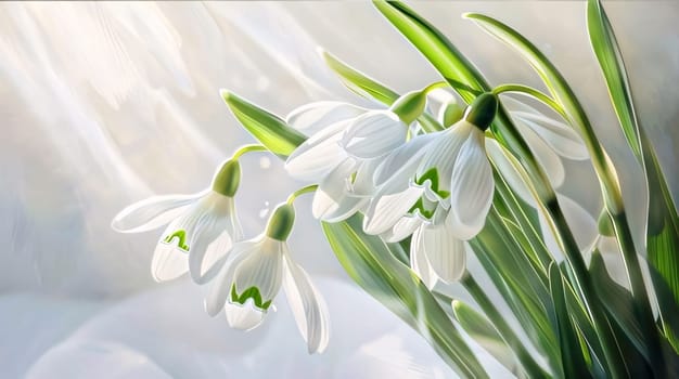 White snowdrop flowers with green leaves growing out of the snow. Illustration. Sunshine. Banner with space for your own content. Flowering flowers, a symbol of spring, new life. A joyful time of nature awakening to life.