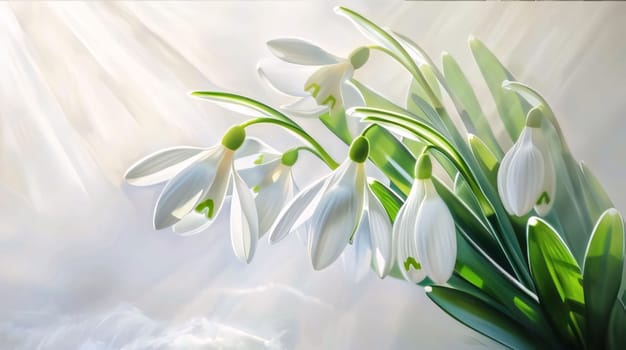 White snowdrop flowers with green leaves growing out of the snow. Illustration. Sunshine. Banner with space for your own content. Flowering flowers, a symbol of spring, new life. A joyful time of nature awakening to life.