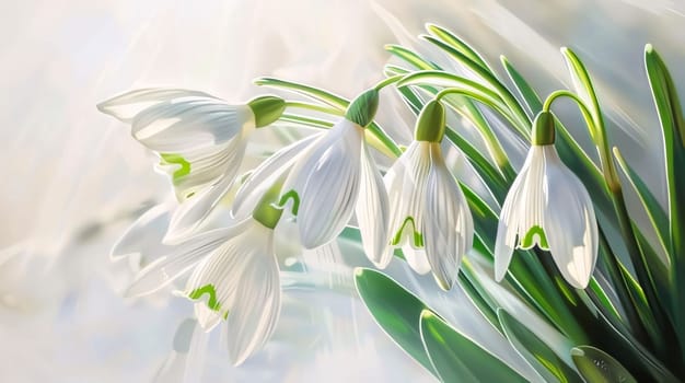 White snowdrop flowers with green leaves growing out of the snow. Illustration. Sunshine. Banner with space for your own content. Flowering flowers, a symbol of spring, new life. A joyful time of nature awakening to life.