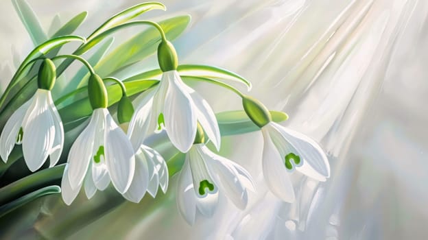 White snowdrop flowers with green leaves growing out of the snow. Illustration. Sunshine. Banner with space for your own content. Flowering flowers, a symbol of spring, new life. A joyful time of nature awakening to life.