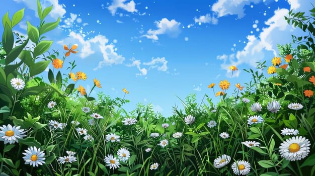 Illustration of a green meadow and white daisies view from the bottom to the sky. Flowering flowers, a symbol of spring, new life. A joyful time of nature awakening to life.