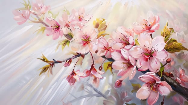 Illustration of a branch with pink flowers, cherry blossoms and tiny green leaves. Flowering flowers, a symbol of spring, new life. A joyful time of nature awakening to life.