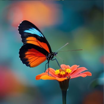 Orange black and white butterfly sitting on orange flower, blurred background. Flowering flowers, a symbol of spring, new life. A joyful time of nature awakening to life.